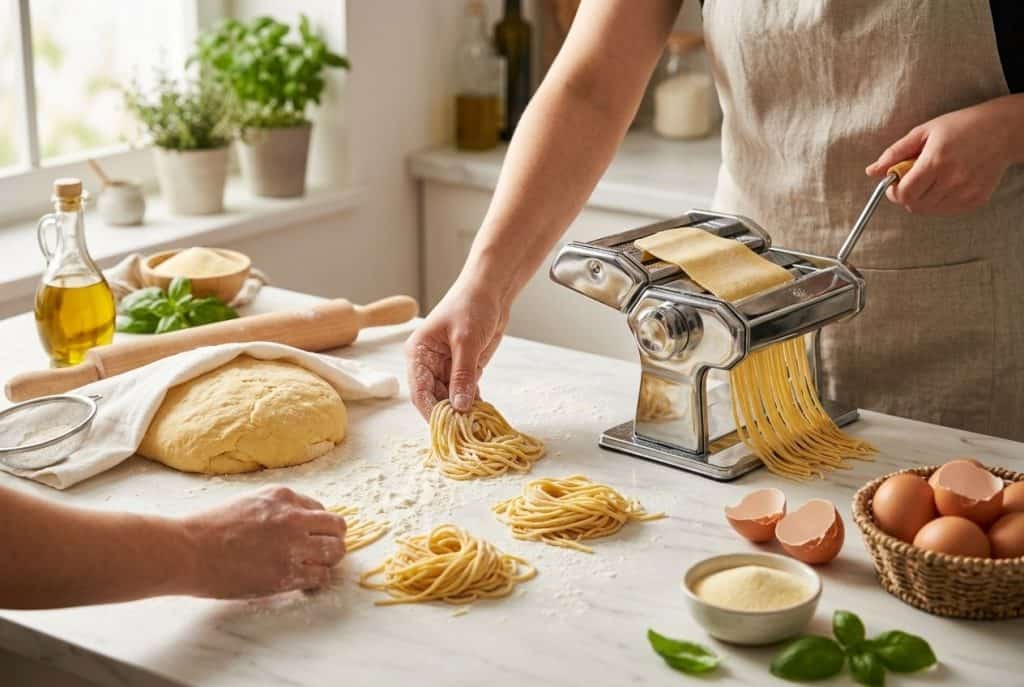 Friss házi tészta készítése konyhapulton