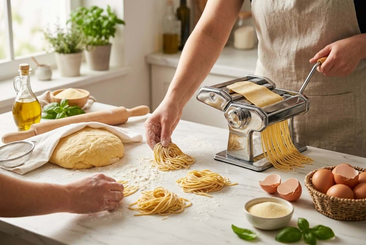 Friss házi tészta készítése konyhapulton