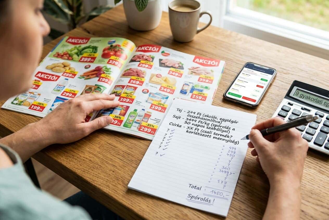 Akciós újság és bevásárlólista az asztalon, mellette telefon és számológép