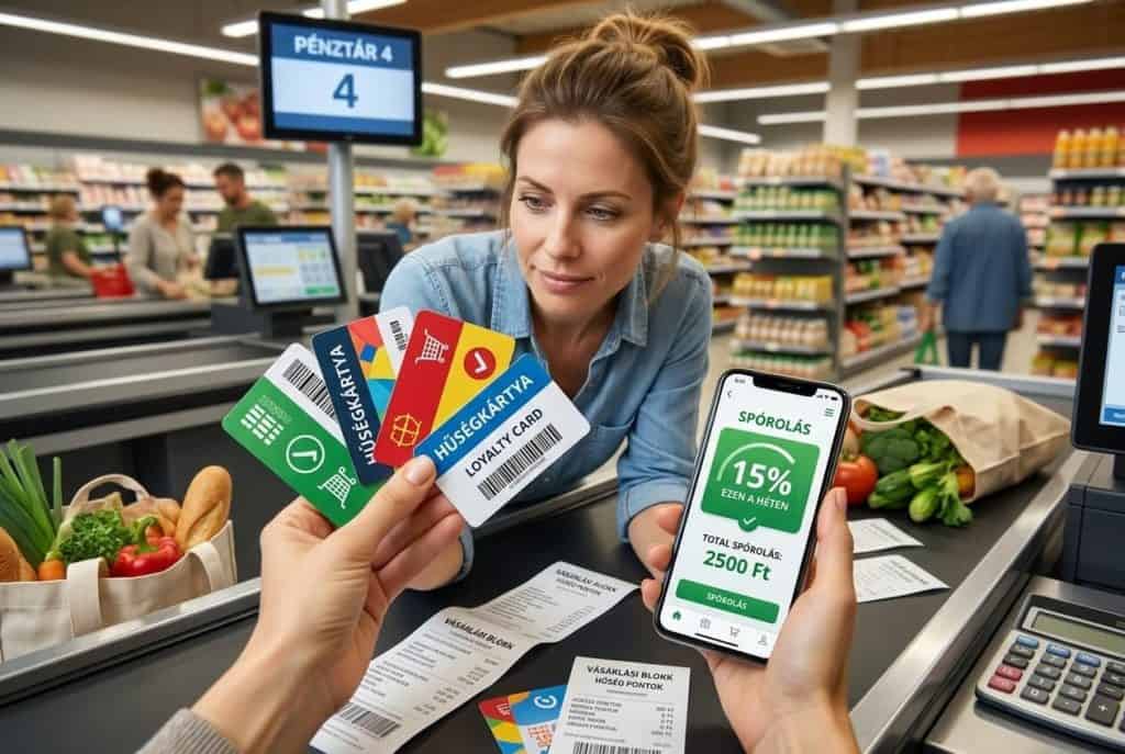 Hűségkártyák és bolti appok egymás mellett, mellettük bevásárlólista és kosár