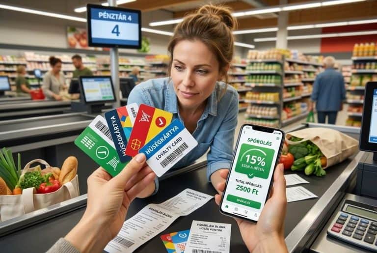 Hűségkártyák és bolti appok egymás mellett, mellettük bevásárlólista és kosár